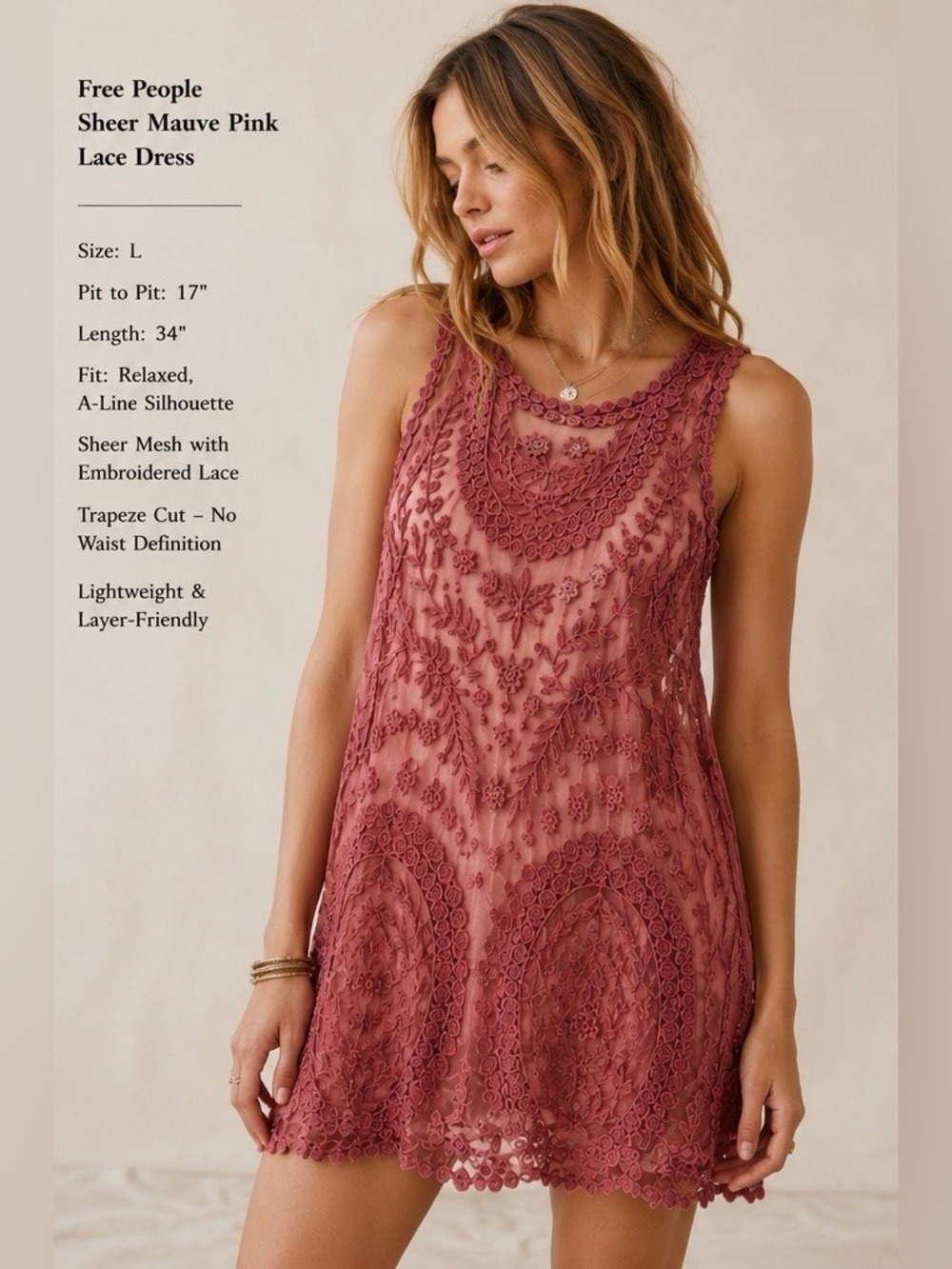 Free People Sheer Mauve Pink Lace Dress. Size L